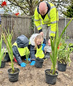 Council staff helping Sully pupil with planting